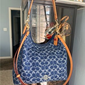 Coach Blue Signature Laurel Hobo with Tan Leather Trim